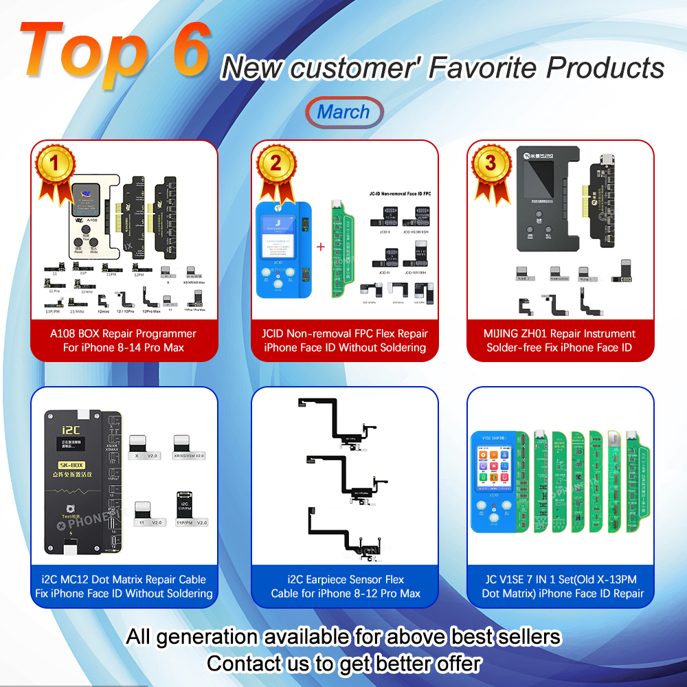 Phoebe94572967's tweet image. 🤳🤳🥳Top 6 New customer&apos; Favorite Cell Phone Repair Tools in March from China Phonefix Shop💯🇨🇳

1. A108 BOX Repair #Programmer
2. #JCID Non-removal FPC Repair iPhone Face ID Without Soldering
3. MIJING ZH01 Fix #iPhoneFaceID

More Info: 📷diyfixtool.com