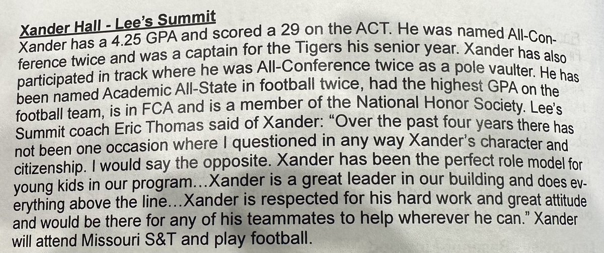Congrats to <a href="/Xander_0312/">Xander</a>. Xander received his recognition tonight for being 1 of 23 recipients of the <a href="/gkcfca/">@GKCFCA</a> Scholar Athlete Award sponsored by <a href="/McCarthy_Auto/">McCarthy Auto Group</a>. Excited to watch Xander finish strong for <a href="/LSHSTigersTandF/">LSHS Tigers T&F</a> and <a href="/LSHSAthletics/">LSHS Activities/Athletics</a>