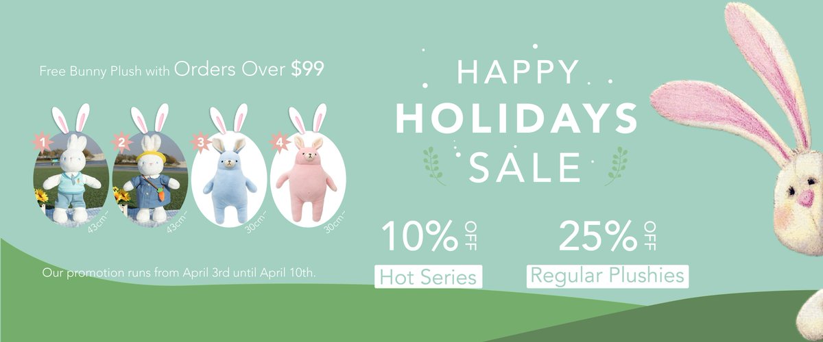 Support42shops's tweet photo. Happy Holidays Sale！
Hot Series 10% Off! Regular Plushies 25% Off!
Free Bunny Plush with Orders Over $99!
Our promotion runs from April 3rd until April 10th.

https://t.co/ESFVTqii0b

#Changed #TGCF #MDZS #GenshinImpact  #42shops https://t.co/mToXlct4AK