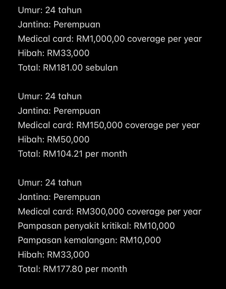 Ini adalah antara 3 jenis contoh plan medical card yang saya tawarkan pada client saya selain plan basic

&amp; dia ambil plan bawah sekali tu, sebab ada pampasan untuk penyakit kritikal &amp; kemalangan.

Anda rasa plan mana yang sesuai dengan bajet anda?

Boleh DM saya 😬👍🏻