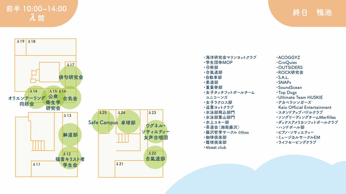 SFC_Welcomer's tweet photo. 【本日は対面新歓！】
κ,ε,ι,ο館の各教室や鴨池での新歓、ステージでのパフォーマンスが行われます🌟🦆

前半10:00~14:00のマップはこちらをご参照ください！

何かありましたら、受付or［全塾協議会］の腕章をつけているスタッフまでお声がけください💁‍♂️

#SFC #SFC23  #慶應新歓2023  #春からSFC https://t.co/46TdfD88x1