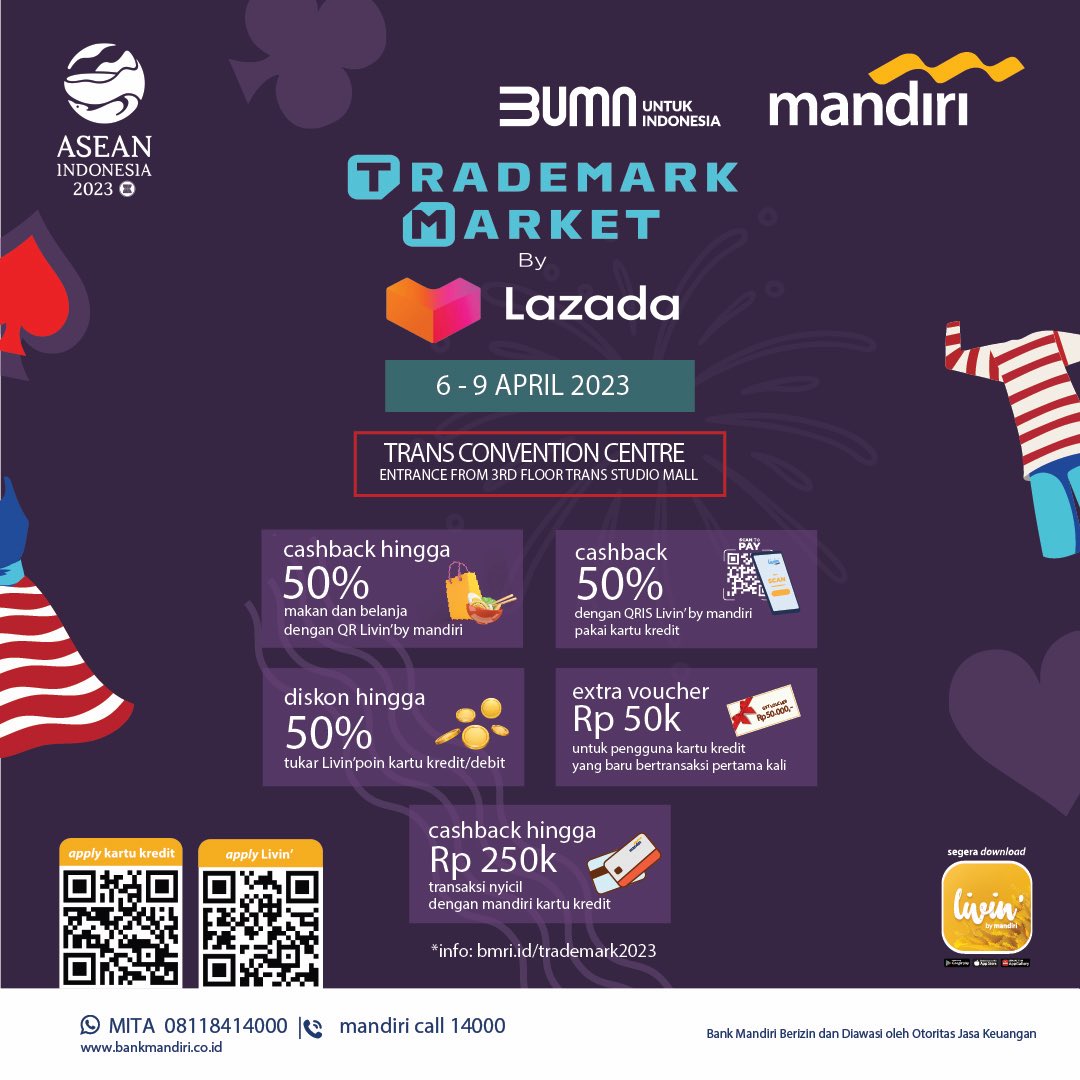 Belanja untung di Trademark Market dengan berbagai promo dari kartu kredit/debit dan Livin’ by Mandiri. Mulai dari cashback 50%, potongan diskon dan voucher hingga cicilan 0%.

Kunjungi Trademark Market 2023 dan pakai Mandiri kamu!

#TrademarkMarketbyLazada #TrademarkMarket2023