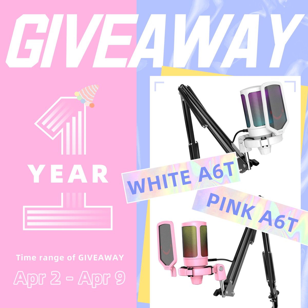 🎂#1YearWithFifineAmpligameA6T

Your massive love supports A6T to turn 1 year old and counting. Win the Global #Giveaway and start our journey!

💌RT & like 
💌Follow us 
💌Comment  🤍 or💗 to let us know which color ver. you like and show us the setup you're going to join A6T in