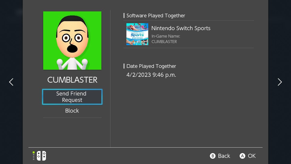 LadyLyndis's tweet photo. @NintendoAmerica Can you please do something about people like this with gross usernames? Switch Sports is supposed to be a family-friendly game. https://t.co/BpZwcjSBHo