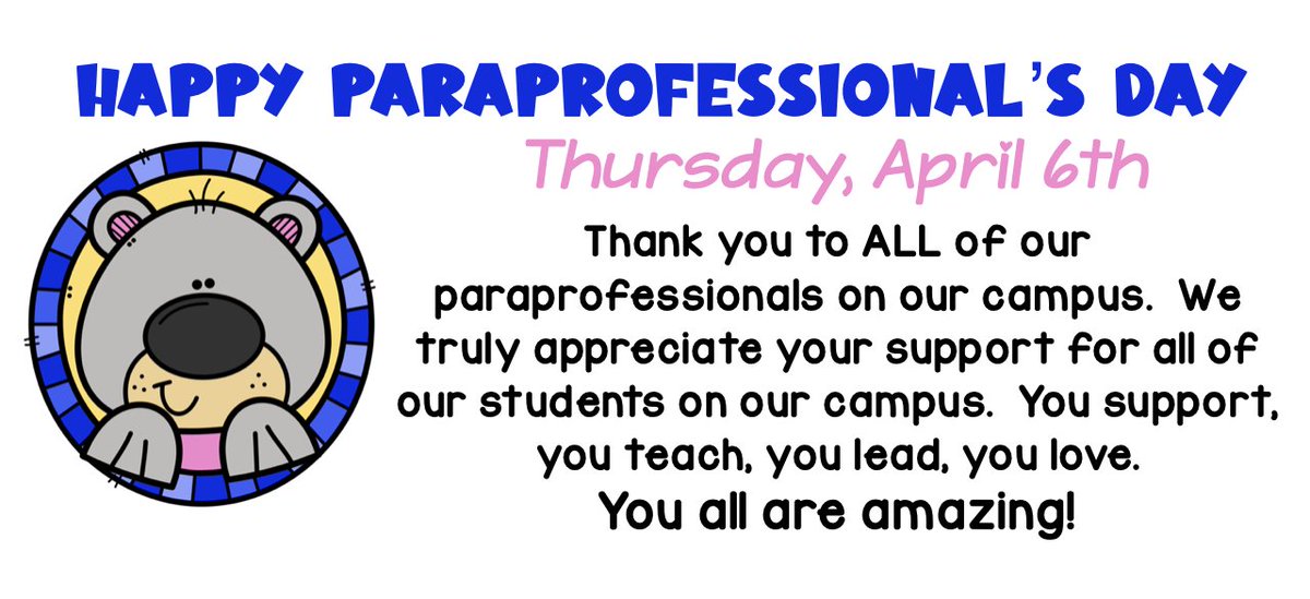 SunnyvaleES's tweet image. Happy Paraprofessional&apos;s Day
Thursday, April 6th
#RaidersRise #BeARaider