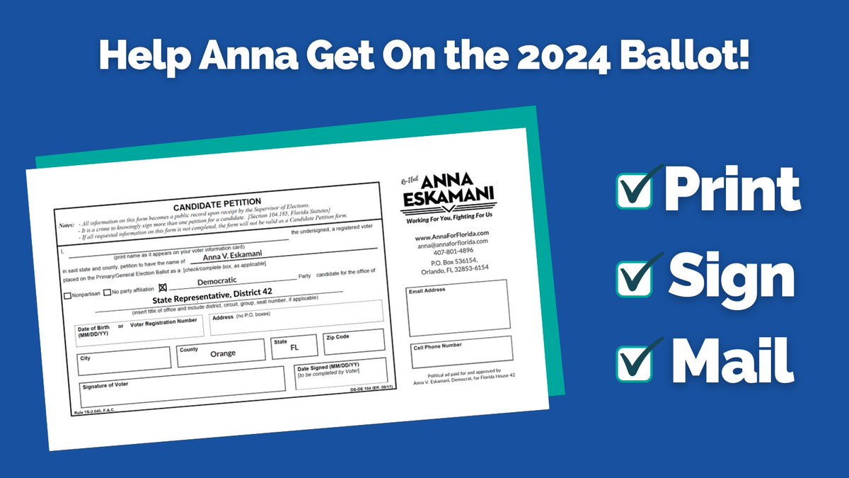 AnnaForFlorida's tweet image. Hello #HD42! Hard to believe it, but 2024 will be our last election to the FL House! Help us kickoff our re-election bid by getting us on the ballot via candidate petitions! 

Learn more here: annaforflorida.com/2023/04/02/hel…

Remember, you gotta live in #HD42 for it to count 😎