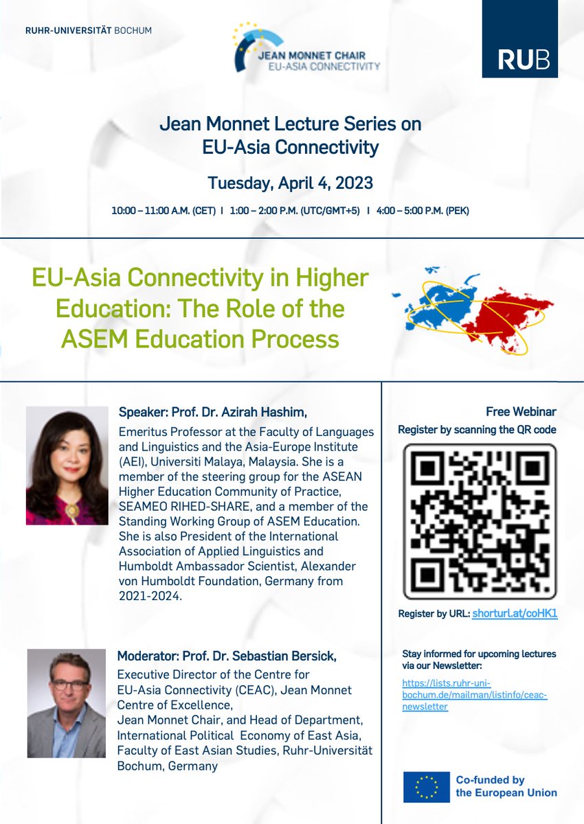 🗓️ 4 April - Save the date 📌 10:00 – 11:00 A.M. (CET) 📣 #CEAPPP project is hosting its 13th #jeanmonnet Lecture Series 🆕 Webinar: EU-Asia Connectivity in Higher Education: The Role of the ASEM Education Process SIGN UP 👉🏼 shorturl.at/coHK1