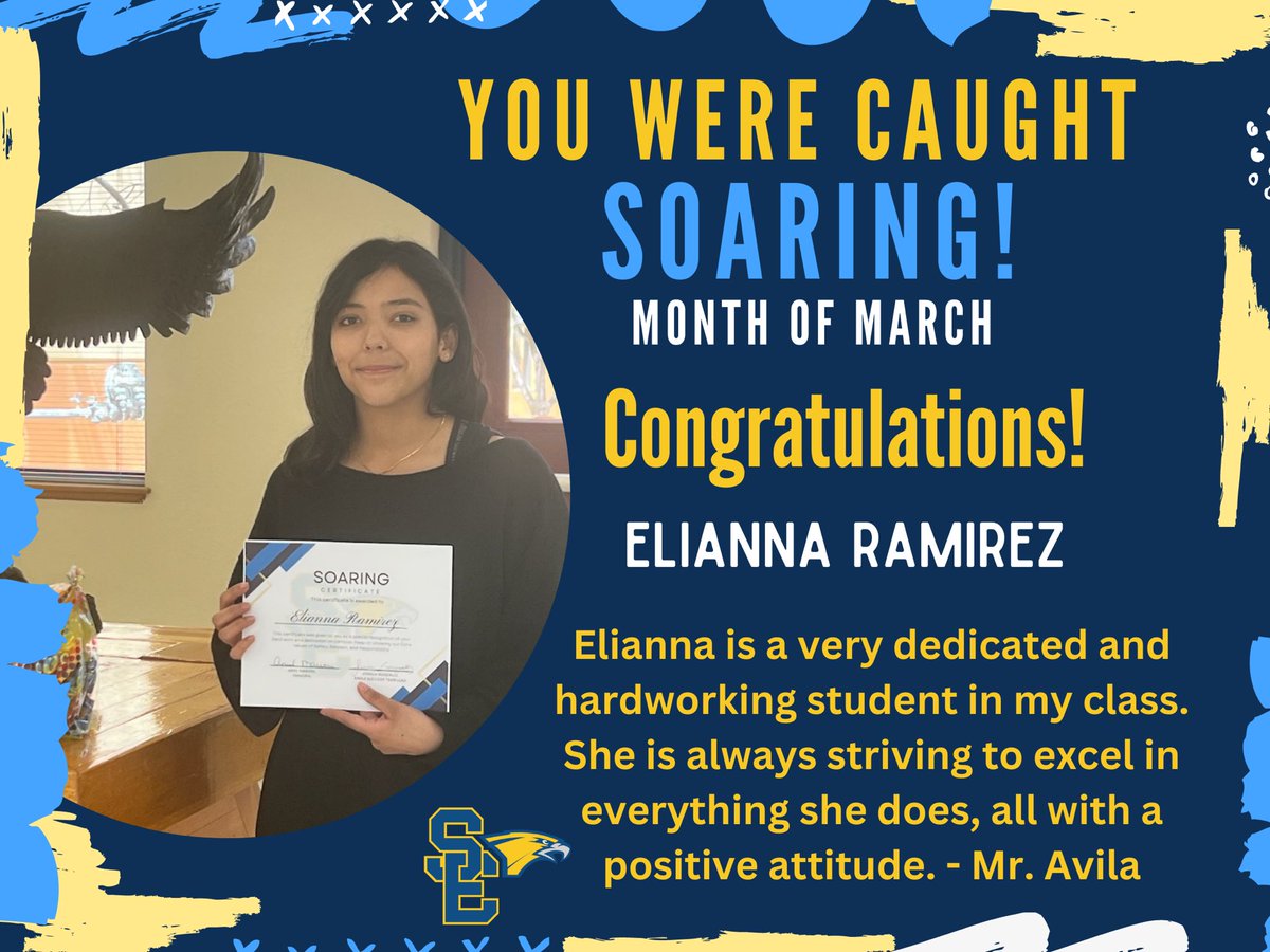 Elianna you were caught SOARING! Congratulations on being selected Student of the Month for the class of 2026 on behalf of Mr. Avila. Your academic excellence and positivity attitude show! 💙🦅🎉 #SEHSTheBest #IAmASanEliChampion