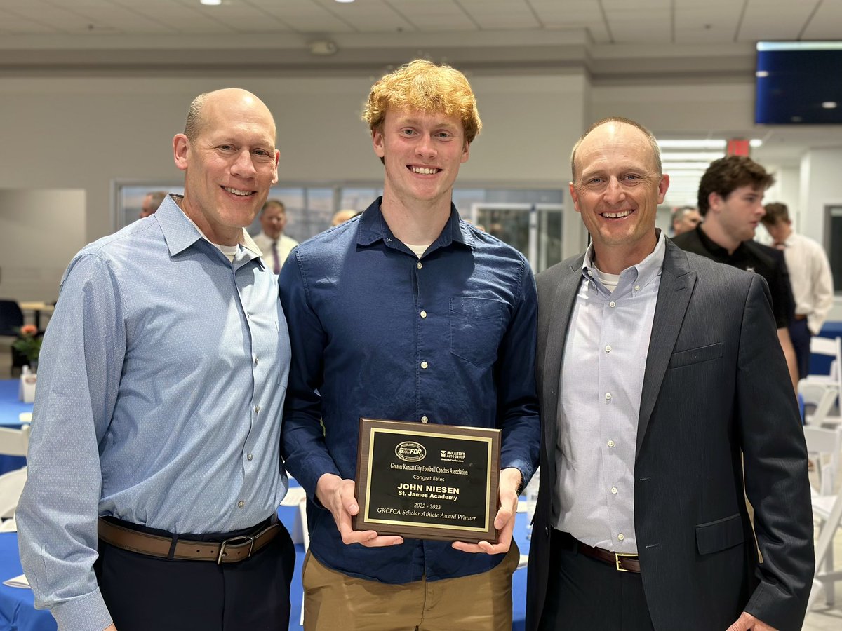 So proud of <a href="/john_niesen/">John Niesen</a> and <a href="/BurrittFinn/">Finn Burritt</a> for earning scholarships at the <a href="/The_GKCFCA/">GKCFCA</a> Scholar Athlete Banquet. A big shout out to the McCarthy Auto group for providing 23 $1000 scholarships for the players again this year! <a href="/SJA_Gameday/">St. James Thunder Athletics & Activities</a>