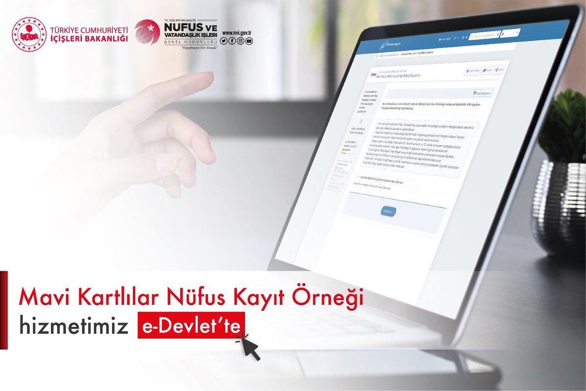 🖥 e-Devlet’e yeni hizmetler eklemeye devam ediyoruz❗️

✅ Mavi kart sahibi kişiler, Mavi Kartlılar Nüfus Kayıt Örneği’ni e-Devlet üzerinden alabilirler.

👉turkiye.gov.tr/nvi-mavi-kartl…

<a href="/TC_icisleri/">T.C. İçişleri Bakanlığı</a> 
#HayatınızınHerAnında