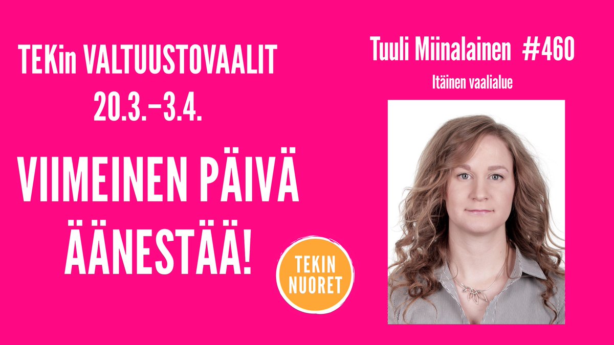 TEKin valtuustovaalien viimeinen äänestyspäivä on tänään! Itse olen ehdolla Itäisellä vaalialueella numerolla 460. 

Osoitteesta teknuoret.fi löydät meidän TEKin Nuorten vaaliteemat ja visiot, ja listan timanttisista ehdokkaista.
#tekinnuoret #tekvaalit #pääsispäläpi