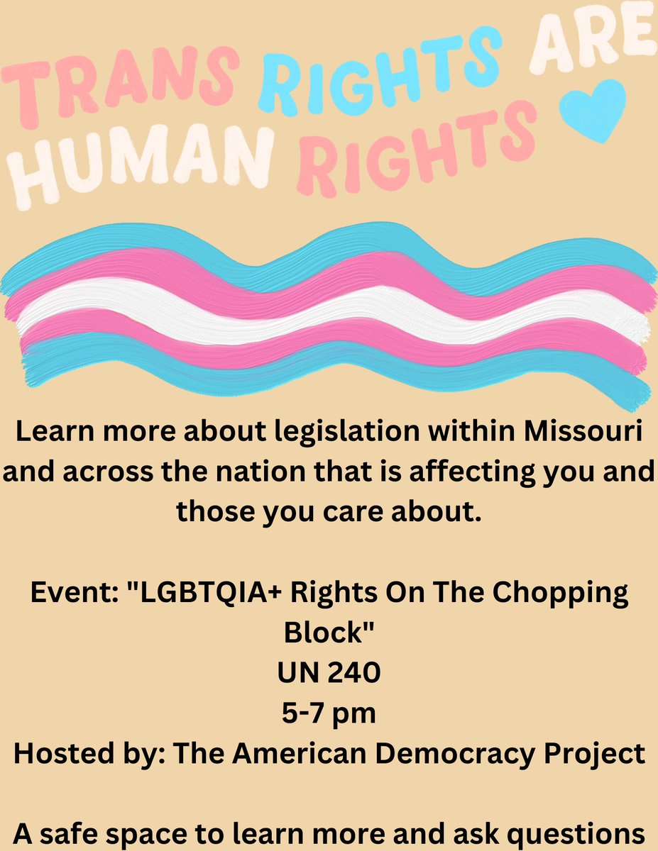 We are in a critical time where educating oneself and being an activist is no longer a choice but a necessity. UN 240 5-7, learn about legislation at MO's capitol and its effects.This is an opportunity to ask questions in a safe space.Don't let fear stand in the way of progress
