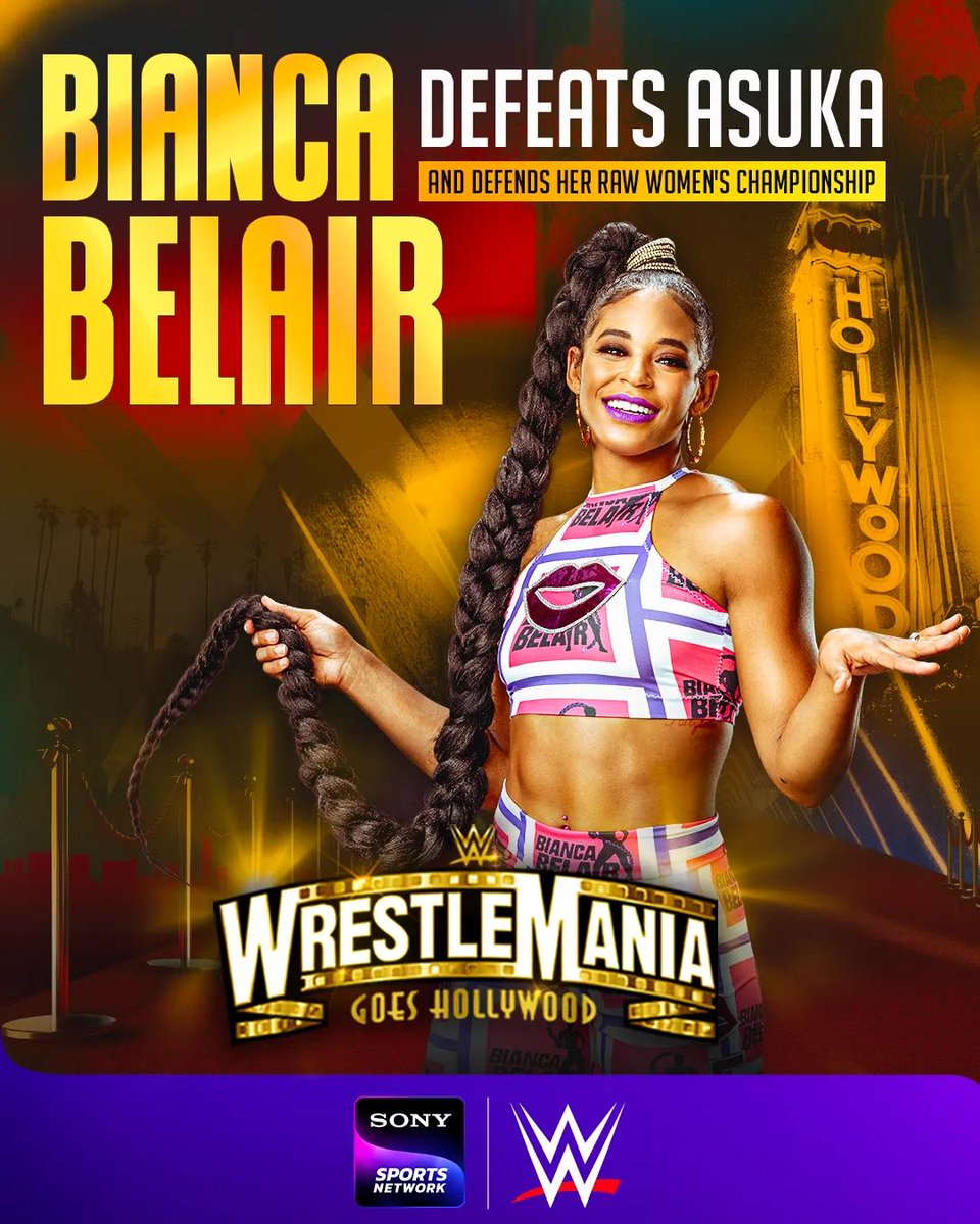 SonyHindi's tweet photo. 𝙎𝙝𝙚 𝙘𝙖𝙢𝙚, 𝙨𝙝𝙚 𝙨𝙖𝙬, 𝙨𝙝𝙚 𝙘𝙤𝙣𝙦𝙪𝙚𝙧𝙚𝙙! 🌏

#BiancaBelair maintains her perfect #WrestleMania record in singles match, this time getting better of #Asuka to retain her title

WWE 

#SonySportsNetwork #WWE #WWEIndia https://t.co/BCUU11zs6g