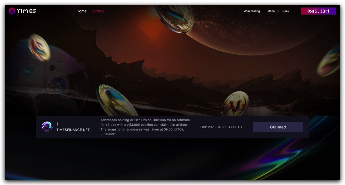 📢We released an airdrop of 500 #TimesFinance NFTs on a FCFS basis. 📢Addresses holding $ARB/USDT, #ARB/USDC and ARB/WETH LPs on #Uniswap #V3 on #Arbitrum can claim this airdrop on timesfinance.io/airdrop/ 📅Airdrop must be claimed before 2023-04-06 04:00(UTC).