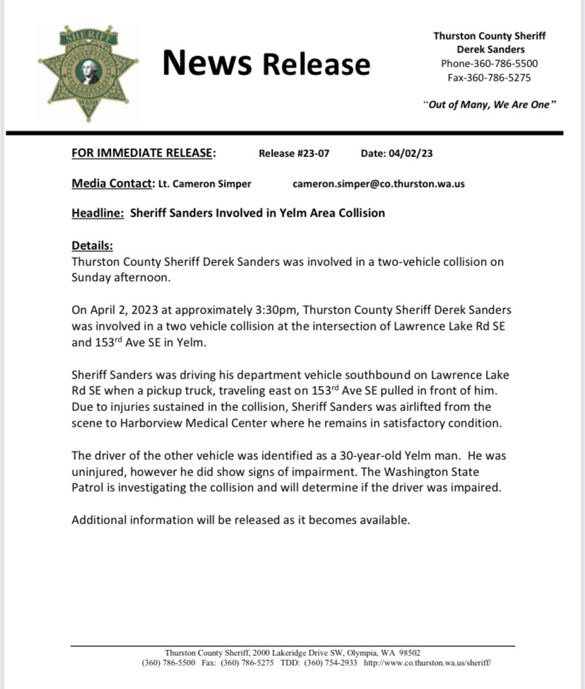 Sheriff Sanders Involved in Yelm Area Collision.