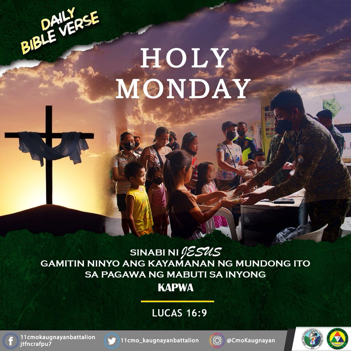 CmoKaugnayan's tweet photo. "Sinabi ni Hesus gamitin ninyo ang kayamanan ng mundong ito sa pagawa ng mabuti sa inyong kapwa." -Lucas 16:9
Follow us on:
Twitter: https://t.co/yNRso9LeRJ
Instagram: https://t.co/rYm0grQHuP
#kaugnayanbattalion
#KapayapaanParaSaLahat
#AFPyoucanTRUST
#HolyWeek2023 https://t.co/CLkDQNjadj