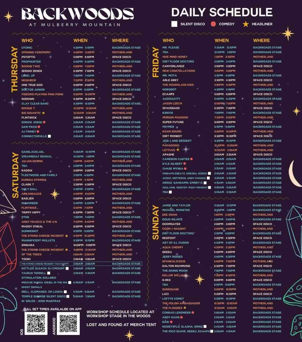 KrisClay14's tweet photo. Backwoods daily schedule is here! Join us 4/20 - 4/23   🔥🫶💚🙌⛰️ #backwoods2023 #backwoodsmf #musicfestivals https://t.co/MEpGEwRJfu https://t.co/pjzkiL1m8a