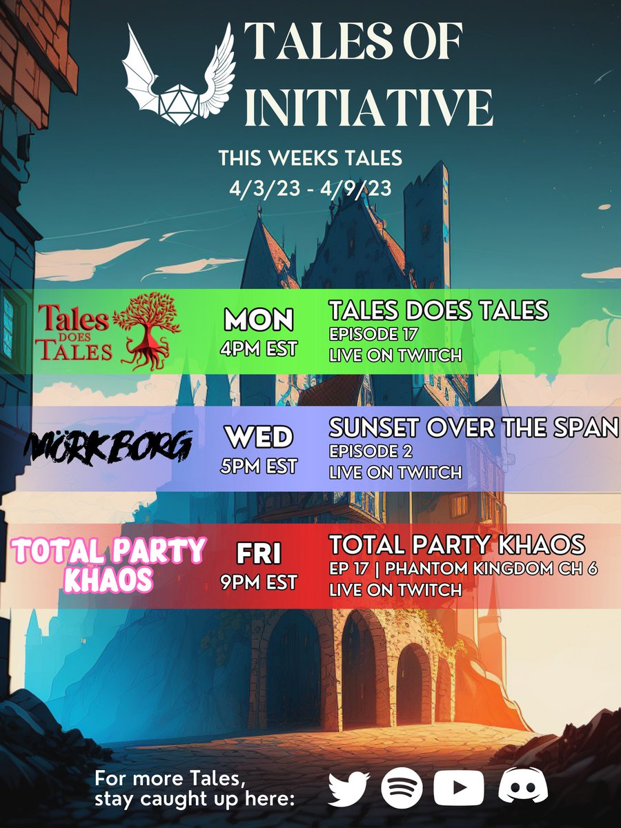 Heyo fellow travelers! 

Check out this weeks line up of new TALES!

#dnd #ttrpg #SCHEDULE #live