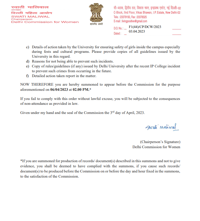ANI's tweet photo. DCW launches an enquiry into repeated cases of sexual harassment with girls during college fests, summons Delhi Police and Delhi University officials to appear before the commission with details of guidelines and systems that they have built to ensure such cases will never happen in the future.