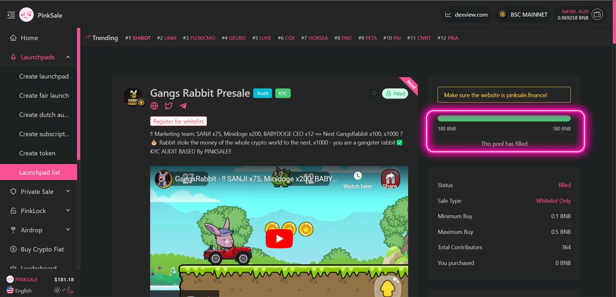 pinkecosystem's tweet image. Congratulations to the Gangs Rabbit team for successfully raising 180 #BNB in just 1 Block in their  #Pinksale #Presale 

Gangs Rabbit will soon be live for trade on Dexview 🐂

🚀 Check them out below:

dexview.com/bsc/0xf8F95F20…

#Pinksale #BSC #NFA
