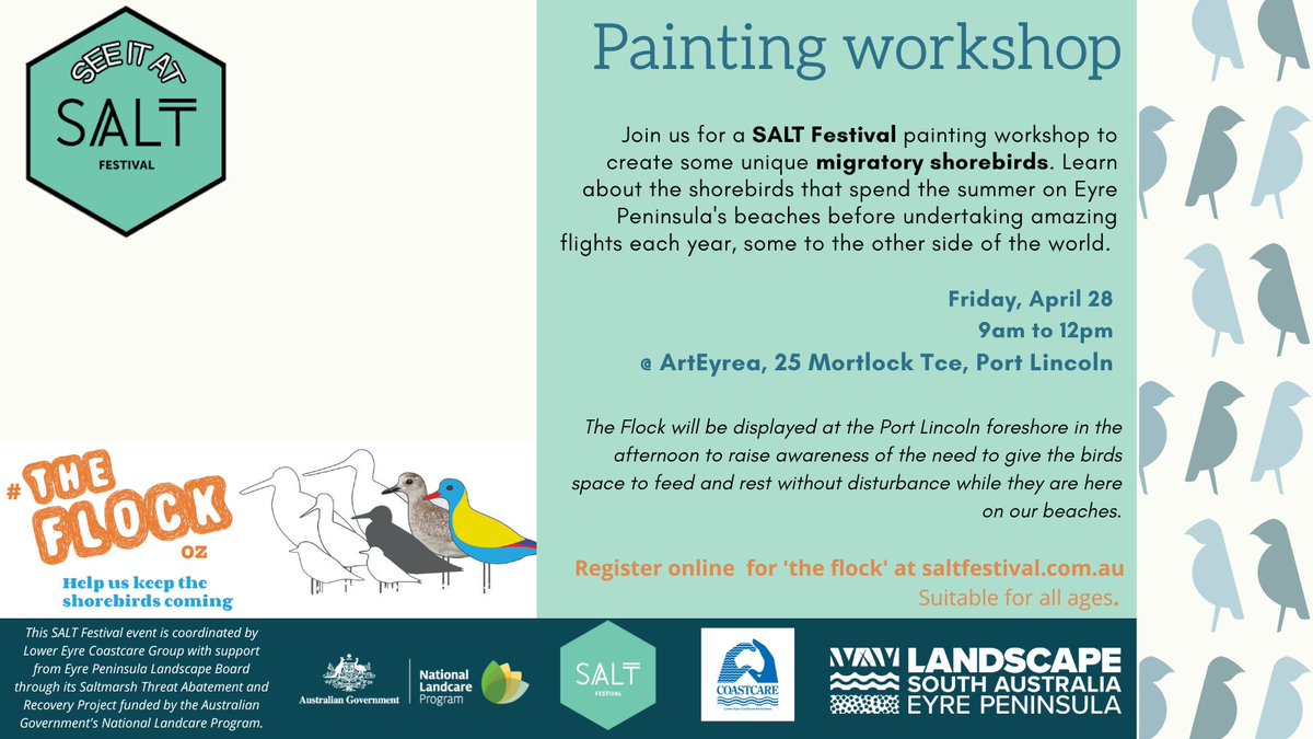 Eyre Peninsula Landscape Board (@eplandscapesa) on Twitter photo Join us and Lower Eyre Coastcare for a painting workshop during <a href="/SaltFestival/">SaltFestival</a> 🎨🐦
Come along and help us paint our flock of migratory #shorebirds.
Book for 'The Flock' on April 28 📲saltfestival.com.au
@AusLandcare Join us and Lower Eyre Coastcare for a painting workshop during <a href="/SaltFestival/">SaltFestival</a> 🎨🐦
Come along and help us paint our flock of migratory #shorebirds.
Book for 'The Flock' on April 28 📲saltfestival.com.au
@AusLandcare