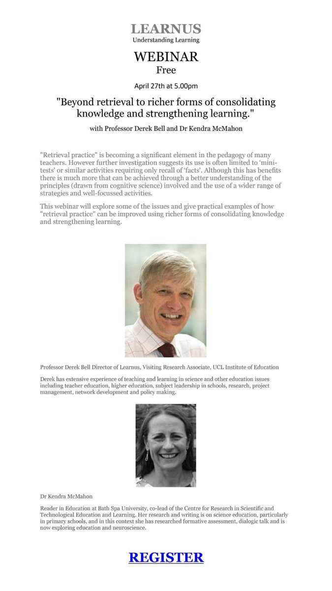 LearnusUK's tweet image. 📢 Another FREE webinar is drawing near!
🗣️Calling all teachers and educators 🧑‍🏫 👩‍🏫

Join Professor Derek Bell and Dr Kendra McMahon who will discuss effective strategies to consolidate and strengthen learning.

🗓️27 April, 5:00 pm
💻 Online
Registration👉 bit.ly/3ztdlIu