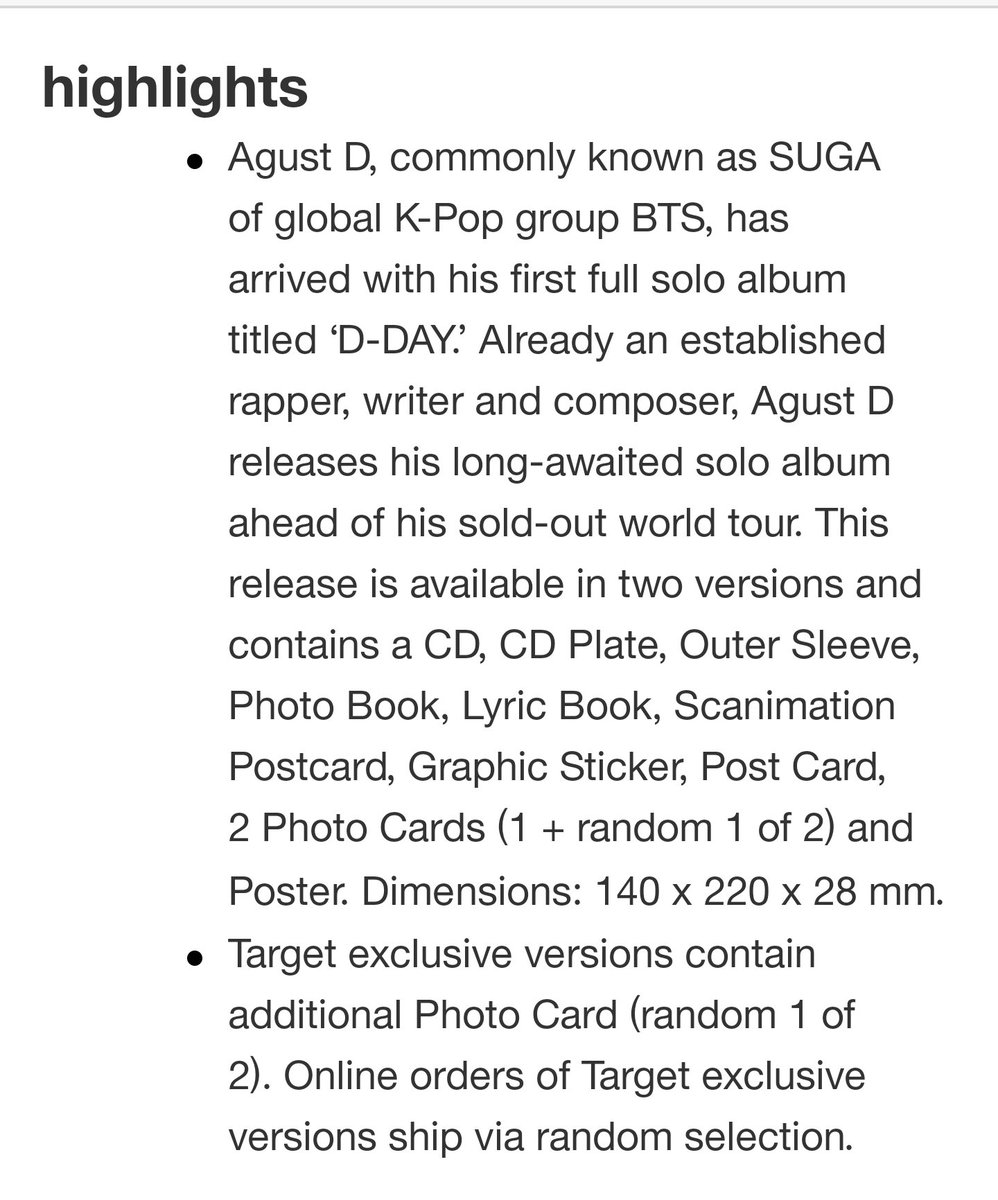 Agust D (SUGA of BTS) - D-DAY (Target Exclusive, CD)