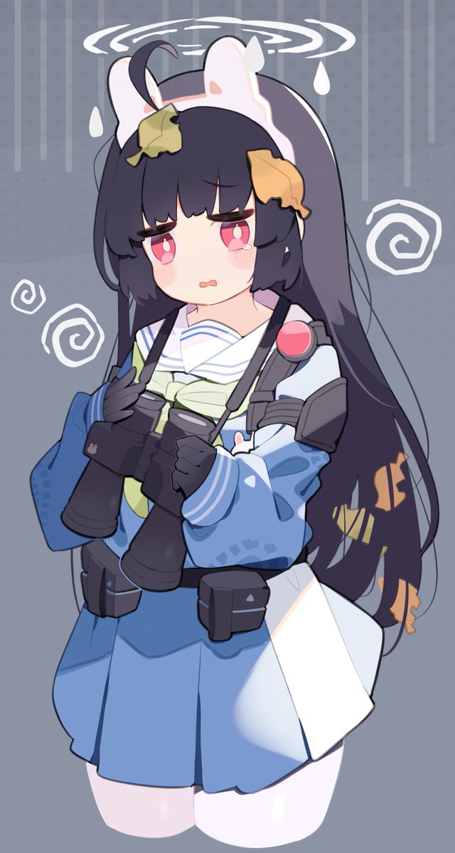 miyu (blue archive) 1girl binoculars solo black hair long hair leaf on head school uniform  illustration images