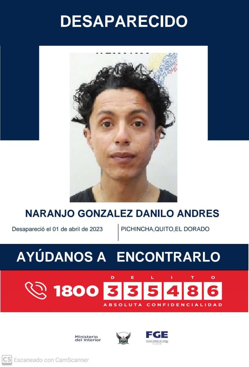FiscaliaEcuador's tweet photo. #ATENCIÓN | #Pichincha: si tienes información sobre la ubicación de Danilo Andrés Naranjo González, comunícate de inmediato con las autoridades. Desapareció el 01 de abril de 2023 en El Dorado, #Quito #DesaparecidosEcuador https://t.co/y8GB6lxgNB