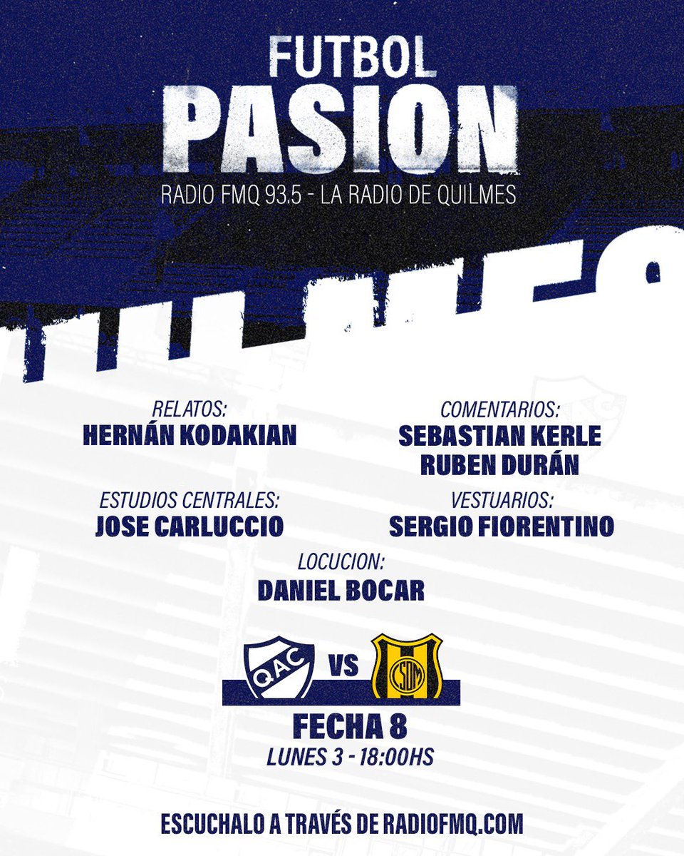 Hoy juega <a href="/qacoficial/">Quilmes A.C.</a> 🍺 ante <a href="/ClubMadryn/">Club Social y Deportivo Madryn</a> 🐋 en el #Centenario 🏟️ y lo vivís con el equipo de Adrian Di Blasi en la radio de #Quilmes <a href="/radiofmq/">Radio FMQ</a> 
🎙️<a href="/HernoKodakian/">Hernán Kodakian</a> 
🎙️<a href="/sebakerle/">Sebastián Kerle</a> 
🎙️Ruben Duran
🎙️<a href="/FlacoFiorentino/">Sergio Fiorentino</a> 
🎙️<a href="/DaniBocar/">Daniel Bocar</a> 
🎙️Jose Carluccio
📞 Chino Auntchain
🎚️ <a href="/Griseldadelac/">Griselda De La Cerda</a>