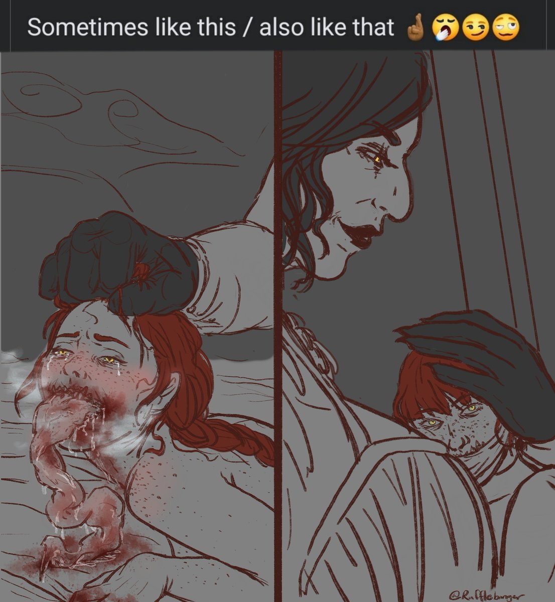 rufflebanger's tweet photo. Sometimes like this / also like that... or maybe that too😂
Elise can be scary when she's hungry but nothing some blood wine and a little forceful persuasion can't fix. Did you guess the third option from the poll? I didn't expect Alcina and Elise to win!
#ladydimitrescu #re8OC https://t.co/Ae9fsQ6jJZ