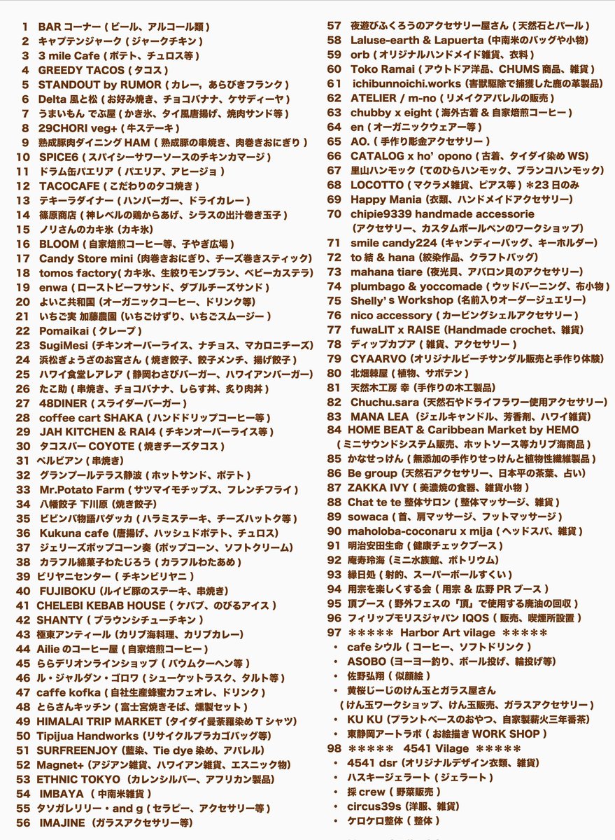 4/22(土) 23(日)
Humming Bird 2023 春
@静岡市広野海岸公園

海辺のマルシェ出店者のレイアウト図です！

世界のグルメなフードから、お洒落な雑貨、クラフト、心やすらぐリラクゼーション、親子で楽しめるワークショップ等、一日中楽しめますよ！

ライヴと共にお楽しみに～！
#広野海岸公園 #用宗