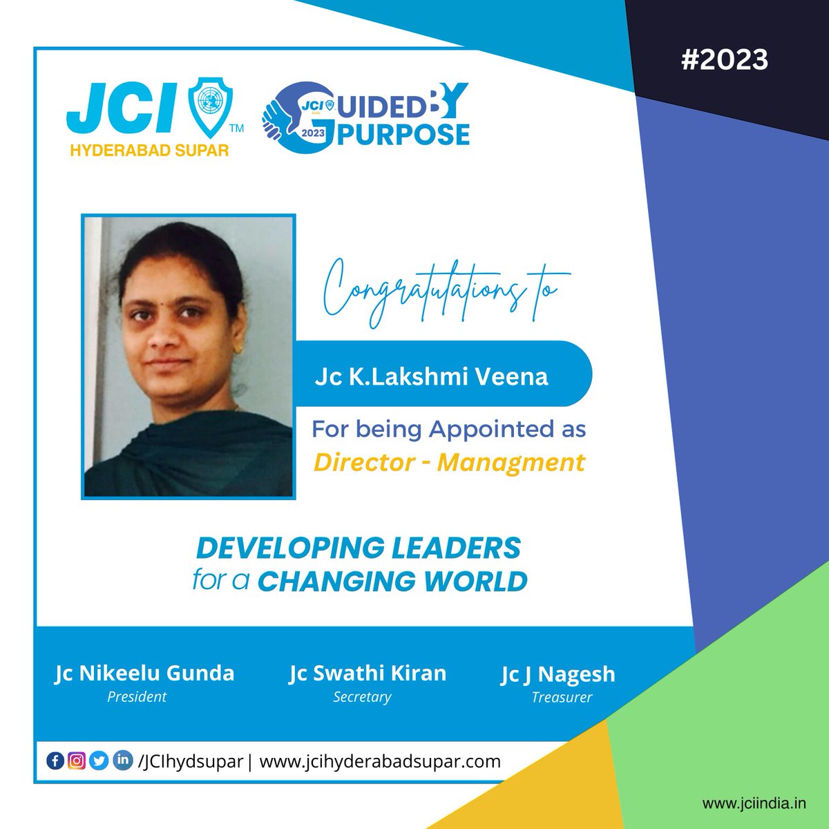 jcihydsupar's tweet photo. Congratulations to Jc K.Lakshmi Veena for being Appointed as Director - Managment for the Year 2023. 🥳 🎉 🤩 😍⭐ 💫 ⚡ 

- Team JCI Hyderabad SUPAR

#JCIHyderabadSUPAR #JCIIndia #GuidedbyPurpose https://t.co/x0GPEcjIuy
