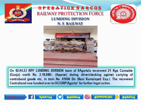#Operationnarcos
<a href="/RPF_INDIA/">RPF INDIA</a>
@RPFNFR2
<a href="/RailNf/">Northeast Frontier Railway</a>
<a href="/drm_lmg_nfr/">मं.रे.प्र.लामडिंग, पू.सी.रेलवे / DRM LUMDING NFR</a>
<a href="/RailMinIndia/">Ministry of Railways</a>
<a href="/zscrnfr/">ZSCRNFR</a>
<a href="/rpfpcagtl/">RPF post Agartala</a>