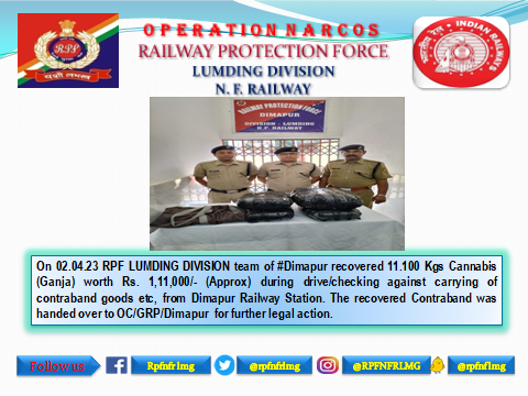 #Operationnarcos
<a href="/RPF_INDIA/">RPF INDIA</a>
@RPFNFR2
<a href="/RailNf/">Northeast Frontier Railway</a>
<a href="/drm_lmg_nfr/">मं.रे.प्र.लामडिंग, पू.सी.रेलवे / DRM LUMDING NFR</a>
<a href="/RailMinIndia/">Ministry of Railways</a>
<a href="/zscrnfr/">ZSCRNFR</a>
<a href="/rpfpcdmv/">RPF post Dimapur</a>