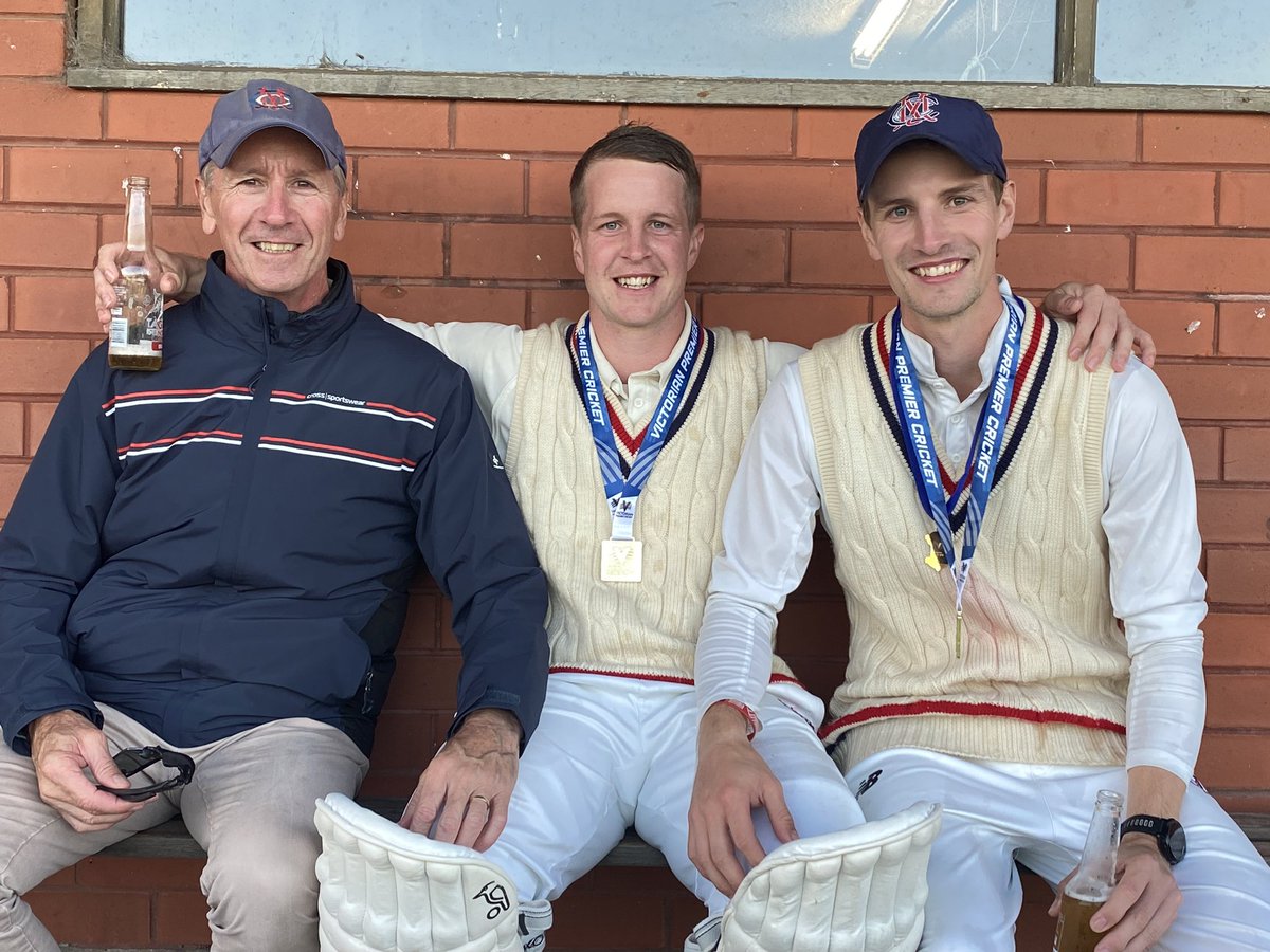 PaulAmy375's tweet image. The number of sets of brothers to play in a @vicpremcricket premiership is now 22 after Sam and Jack Harper  - pictured with proud father Bryan - did it for Melbourne on Sunday. And both made 56 in the GF.