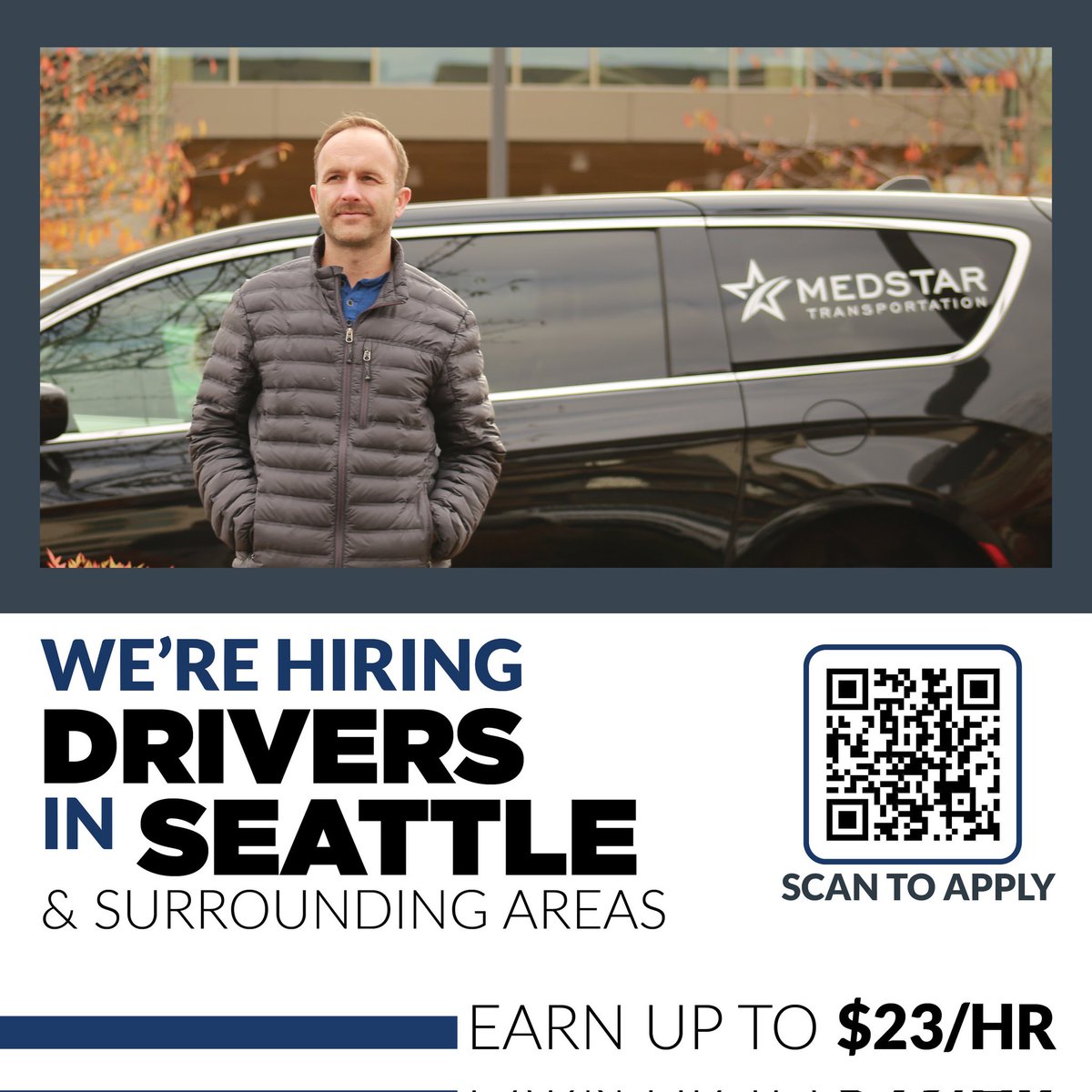 URGENT HIRING!
Medstar Transportation is looking for Safety Transport and Care Drivers across SEATTLE, WA.

Scan the QR Code or click the link to APPLY: gomedstar.bamboohr.com/jobs/

#wajobs
#SEATTLEjobs
#jobsinwashingtonstate
#jobseekersinwa