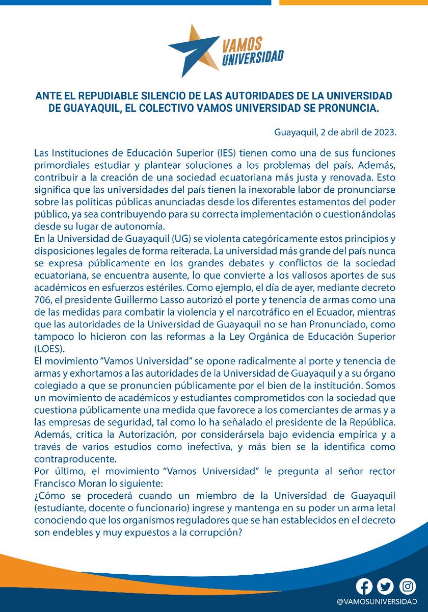 vamosug's tweet photo. Ante el repudiable silencio de las autoridades de la @UdeGuayaquil, el colectivo Vamos Universidad se pronuncia sobre la coyuntura nacional. 🔽 https://t.co/iHivme9iN3