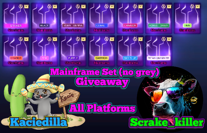 Kaciedilla_'s tweet image. 🌮 MAINFRAME SET (NO GREY) GIVEAWAY! 🐮

   🤝All Platforms 🤝

    How to enter:
   ➡️ Follow @Kaciedilla_ &amp;amp; @Scrake_killer
   💛 Like
   ♻️ Retweet
   👥 Tag a friend

   🎉 Winner announced: Friday, April 28th 🎉

  🍀 Good luck! 
 #Giveaway #Giveaways #RocketLeague