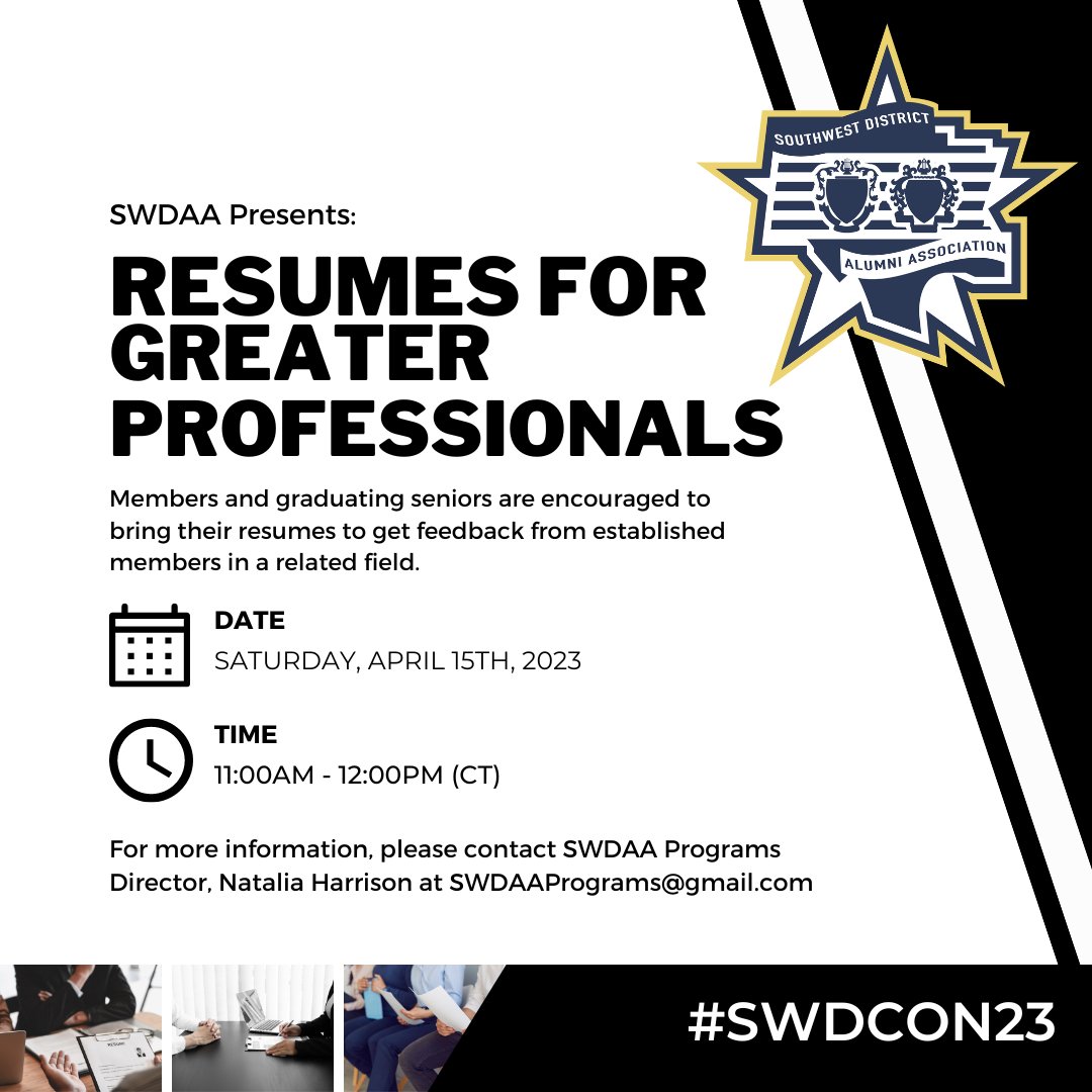 SWDAlumni's tweet photo. Attending #SWDCon23? Does your resume need a little TLC? The SWDAA Striving for Greater Professionals Committee will be hosting a workshop at convention to help you! Open to all active members and alumni! #SWDAA #SFGP #KKPsi #TBSigma https://t.co/PHJrR5p7Ib