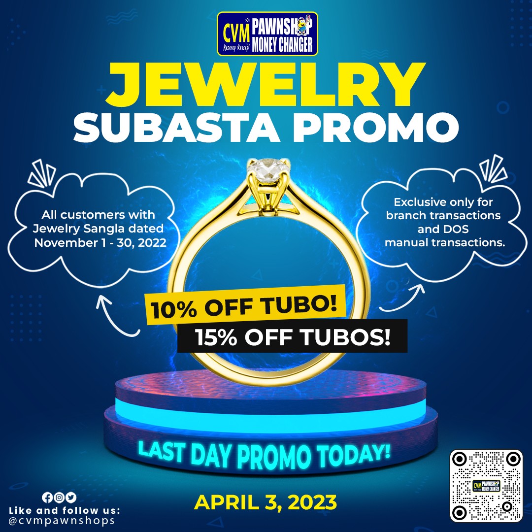 cvmpawnshops's tweet photo. Dahil malapit na ang mahabang weekend, pinahaba na rin naman ang promo sa ating mga branches! 💍💍💍

Kaya ano pa inaantay mo Ka-tropa!? Punta na sa branches para makapag avail ng Promo ngayon!

#cvmpawnshop #SubastaPromo #gadgetpangbudget #legitatmadali https://t.co/FNiWRgxyrB