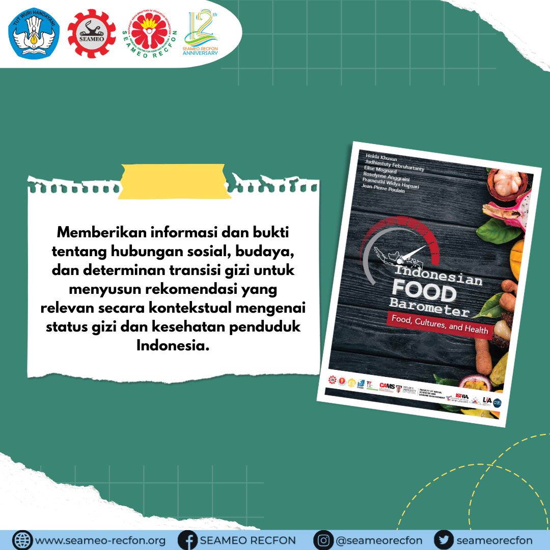 Kemdikdasmen's tweet photo. Kedua, "Indonesian Food Barometer: Food, Cultures, and Health" yang memberikan informasi dan bukti tentang hubungan sosial, budaya, dan determinan transisi gizi untuk menyusun rekomendasi yang relevan secara kontekstual mengenai status gizi dan kesehatan penduduk Indonesia. https://t.co/NtNEoSgB3g