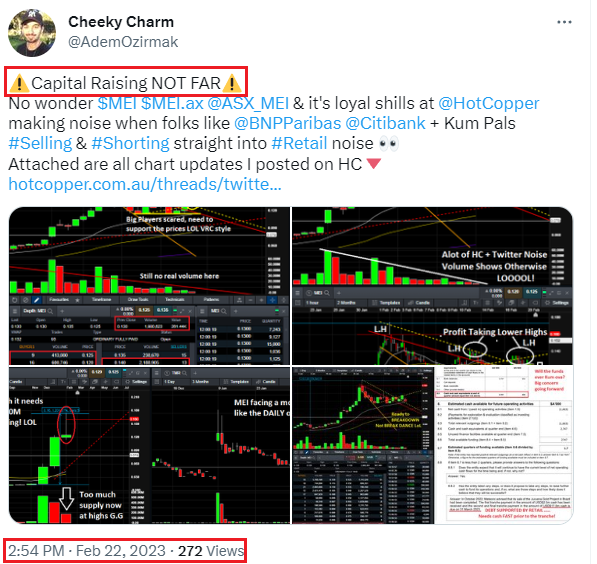 AdemOzirmak's tweet photo. @stockswami @ASX @asicmedia To be fair I also exposed $MEI $MEI.ax at like 13.5c calling for prices to sink below 10c.
Only surprise was HOW WELL it bounced off the lows... #ShortSqueezed right into resistance! #Suckaz
I alluded to #CapitalRaising back in 24th February 2023🧐
https://t.co/ef3uUSAVci https://t.co/Vs9Ny9KvFC