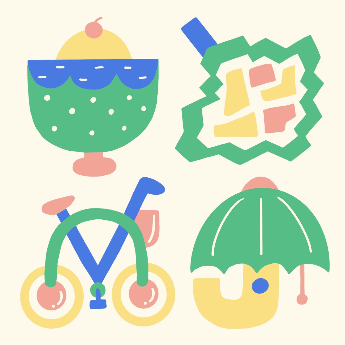 Some fun shapes and objects, clockwise from top left:

1) Sundae ☀️🍨
2) Funky Fruit 💥🤡
3) Umbrella Tree ☂️🌳
4) Bicycle 🚲🍒 

#illustration #Procreate