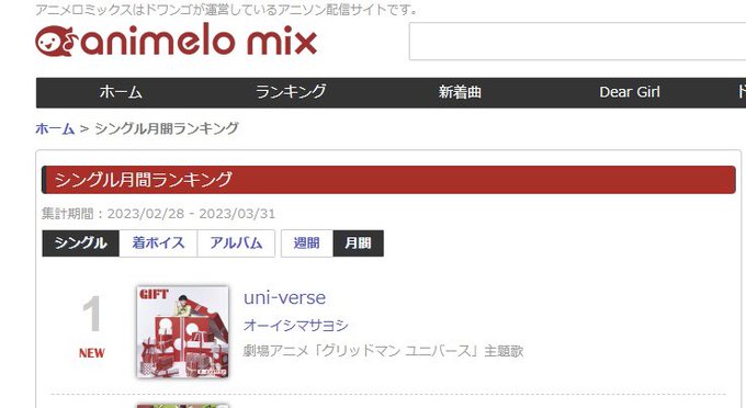 📣好評配信中🎶#オーイシマサヨシ 「uni-verse」animelo mix ()月間シングルランキング1位を獲得🏅▶