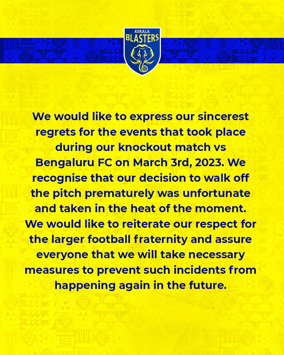 ArunKrishnaoffi's tweet photo. And here is an end to the pressure that we unintentionally did in the knock vs Bengaluru FC due to the well-knowledged decision from the referee. We @kbfc_manjappada fans are not contradicting this statement because the need is for us.
Thank you💛
#ISupportIvan
#KeralaBlasters https://t.co/kq6MKWURUO
