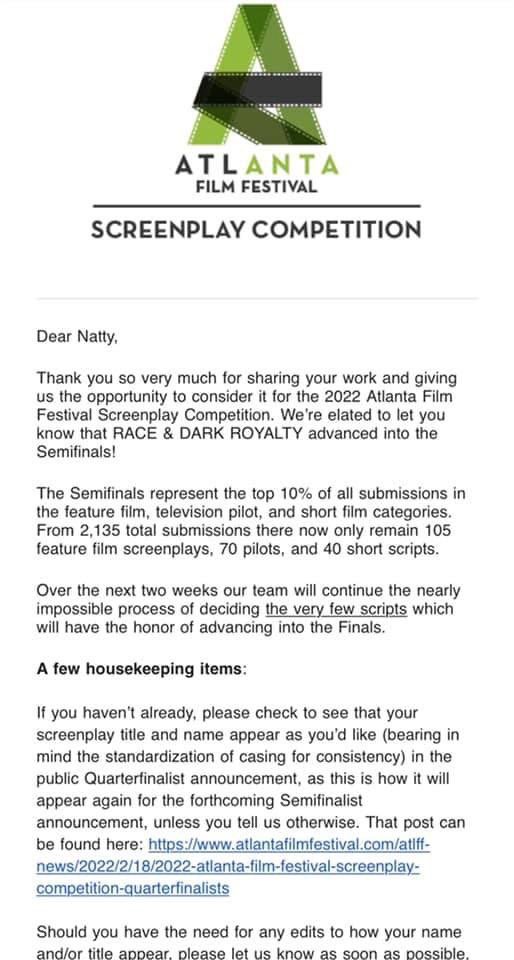 njthewriter's tweet photo. I know I'm late in posting this, but wanted to share that my first #screenplay ever written made it into the #semifinals for the @atlantafilmfest #screenplaycompetition for Summer 2022 &amp; the semi-finals for the L.A. Screenplay Competition for Summer of 2021! 🤗
#screenwriting https://t.co/FVn0Zh3oc2