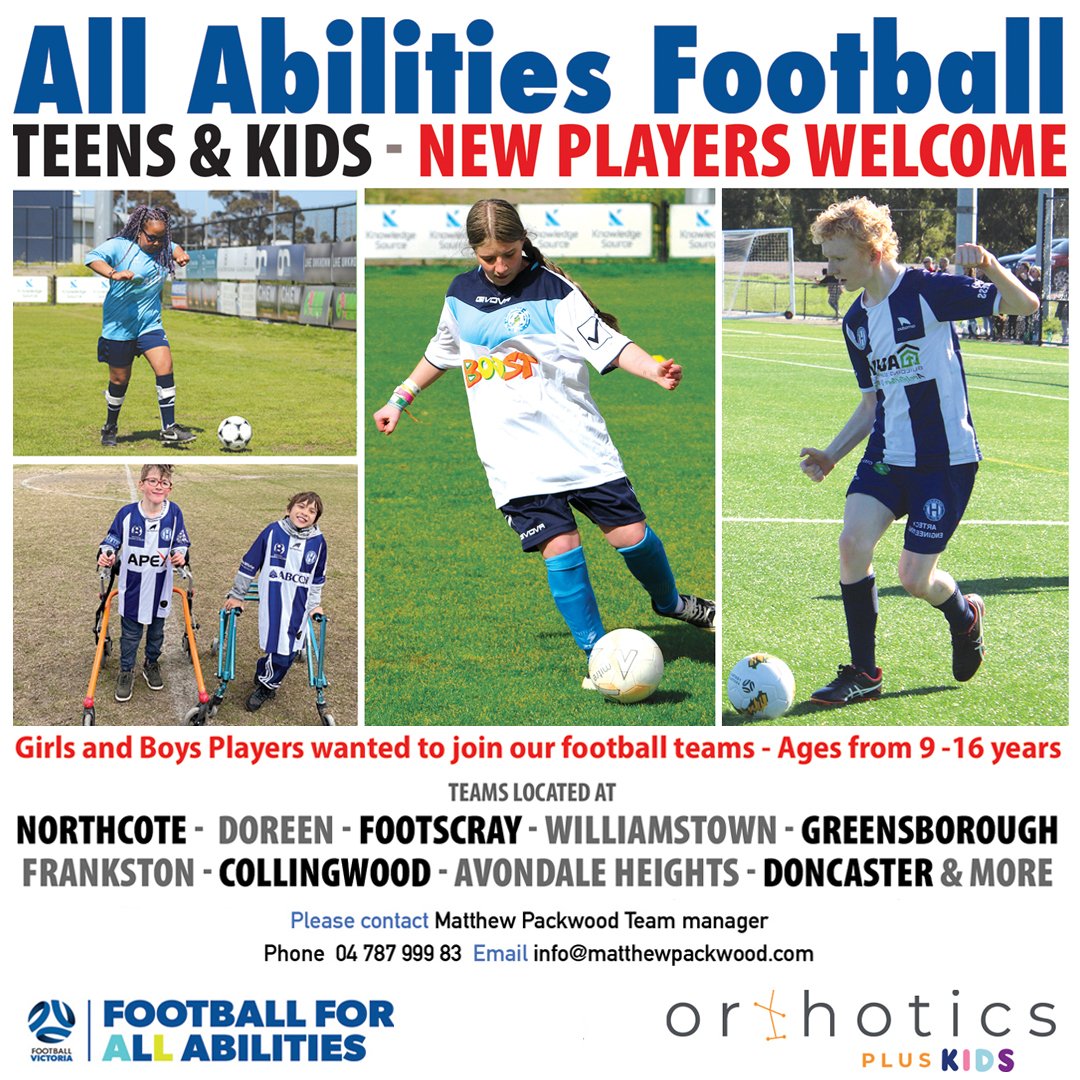 All Abilities Football Football Melbourne - Northcote, Avondale Heights, Footscray, Frankston, Greensborough and More ! 
Join our Facebook group : facebook.com/groups/northco…

Please contact Matthew Packwood
Phone 04 787 999 83 Email info@matthewpackwood.com