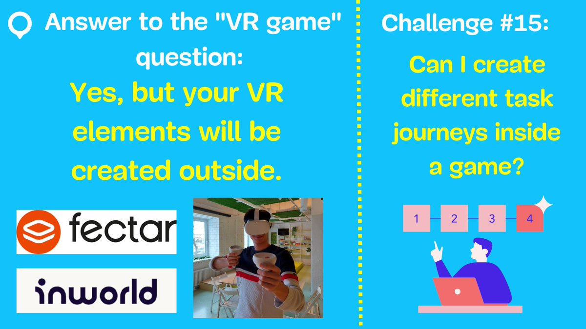 😉Yes! However, your VR elements need to be created outside LoQuiz!

🤨Do you know if you can create different task position journeys inside your game?

#gamification #loquiz #game #VR #inworld #fectar #AI