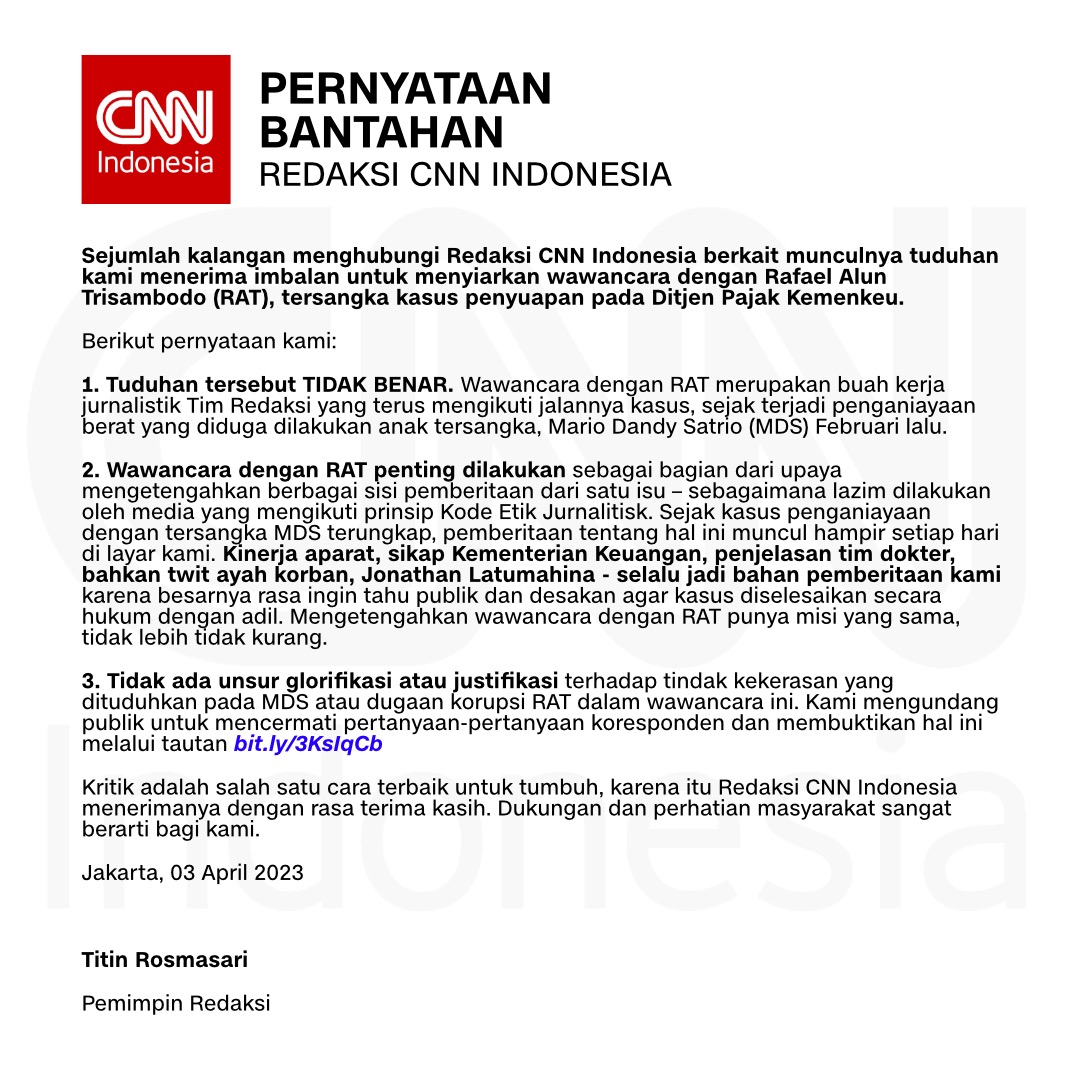 Sejumlah kalangan menghubungi Redaksi #CNNIndonesia terkait munculnya tuduhan kami menerima imbalan untuk menyiarkan wawancara dengan Rafael Alun Trisambodo. Melalui pernyataan berikut, kami mengungkapkan tuduhan tersebut tidak benar. bit.ly/3KsIqCb
